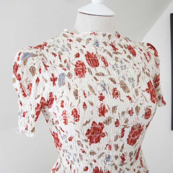 Reformation Aggie Magnolia Puff Sleeve Smocked Peplum Top Size Small NWT - Picture 10 of 16